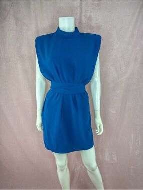 Amanda Uprichard Womens Blue Mini Dress Size Medium Shoulder Pads Belted